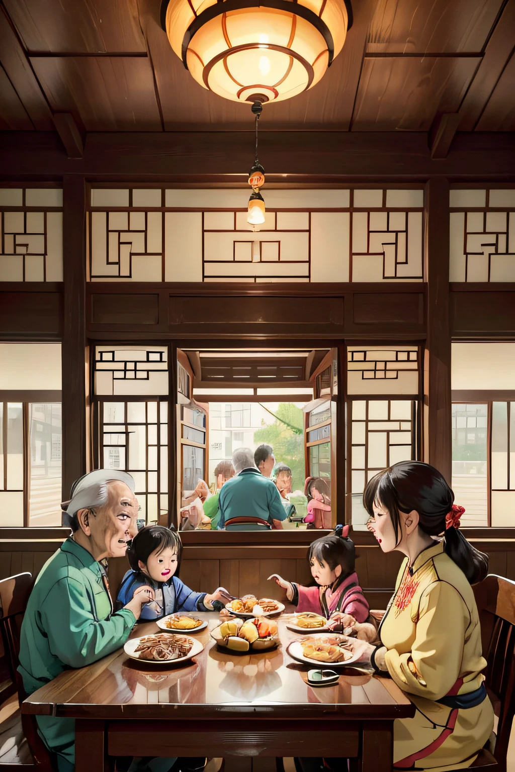 Chinese big breasts，A family reunion during the Spring Festival，6 people，Dinner，【【Three generations of grandchildren】】，jubilation，【 【Anime comic style】】【a warm color palette】【gentlesoftlighting】【Interior of a modern Chinese building】，A old man，