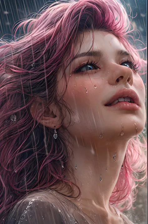 a close up picture of a woman's face looking towards the sky, as she looks up the (rain drops: 1.3) fall on her face, a very bea...