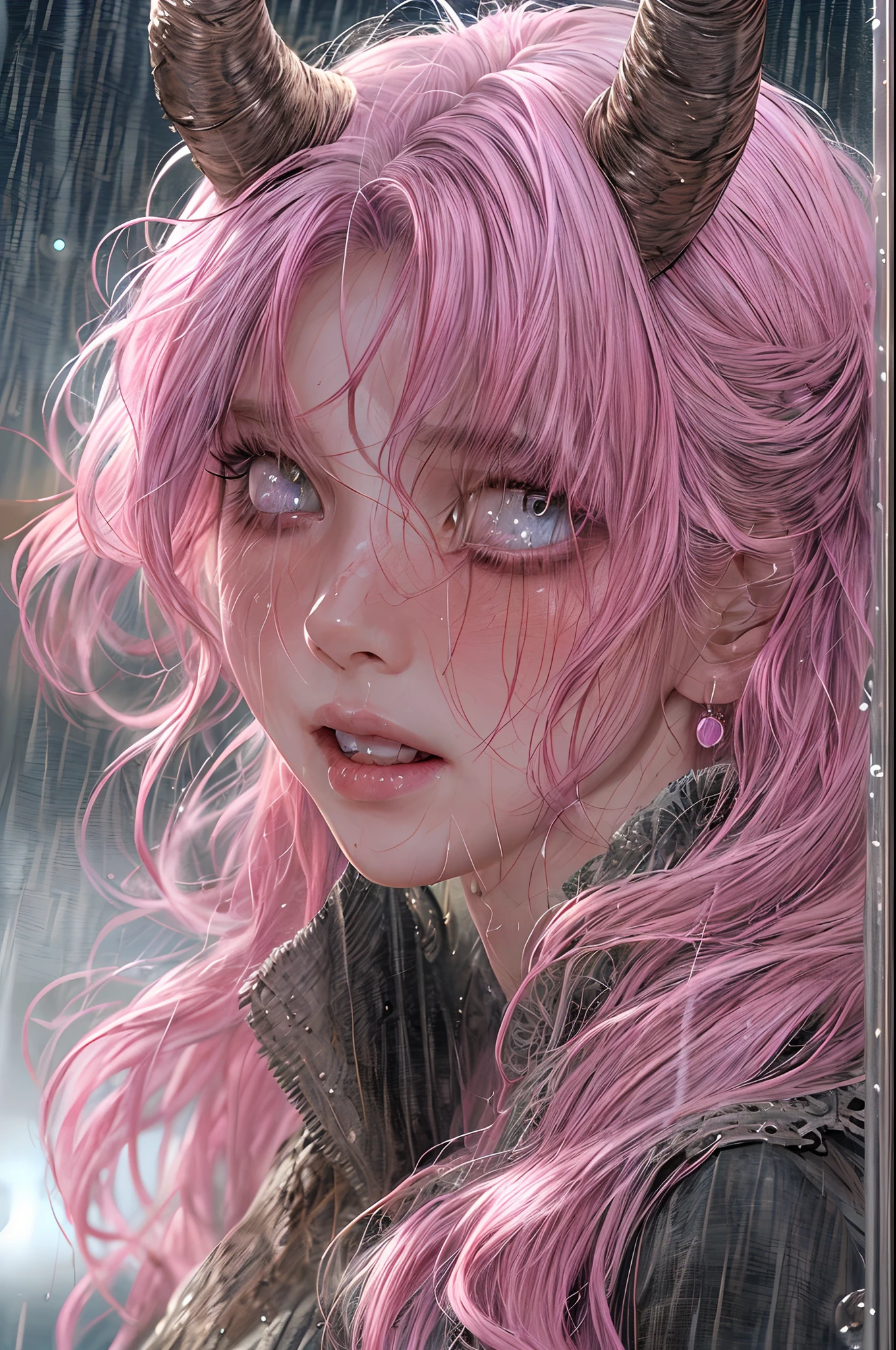 a close up picture of a woman's face looking towards the sky, as she looks up the (rain drops: 1.3) fall on her face, a very beautiful woman, long hair, pink hair, wavy hair, (elegant make up: 1.3) wet hair, closed eyes, she wears an elegant, intricate dress, there is a sense of joy on her face, an urban street at night. cloudy night, horns