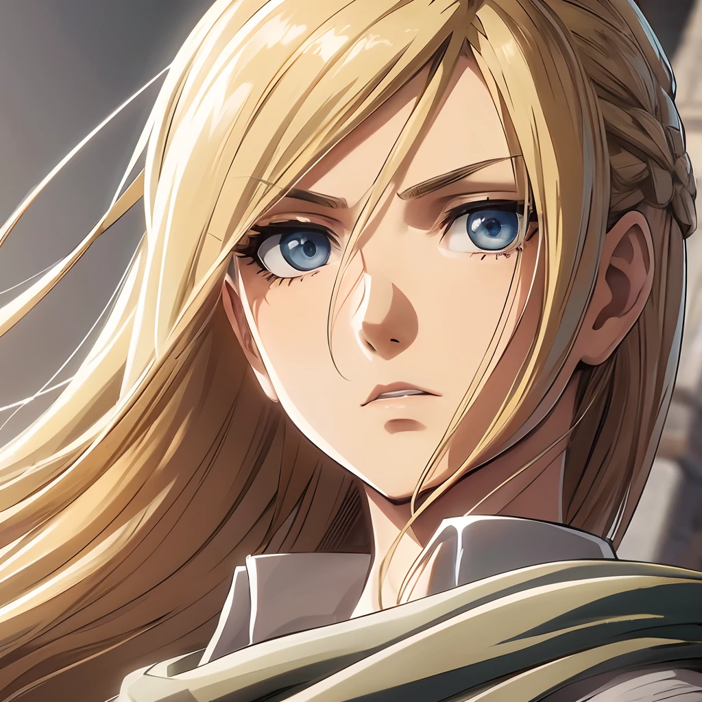 Attack on Titan Anime-Screenshot einer Frau. Sie hat blonde lange Haare und ist im Pfadfinderregiment. Augen. Er trug eine Pfadfinderrobe und war in einer titanenzerfetzenden Pose.
Mit Studio-Screencap