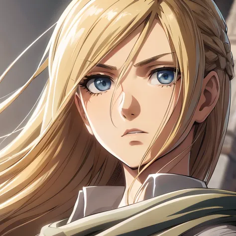 Attack on Titan Anime screencap of a female. She have blonde long hair and She's in scout regiment. eyes. He was wearing a scout...