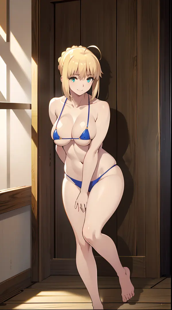 NSFW、（Best Quality, masutepiece, 超A high resolution,Photorealsitic、Official art,top-quality、）、Sunny Beach、artoria、maikurobikini、Colossal tits、kindly smile、Smile embarrassedly、Sleeveless、Chignon Hairstyles、