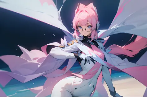 The one-way glasses of the future，White combat uniform，White cape，Police style，A pink-haired