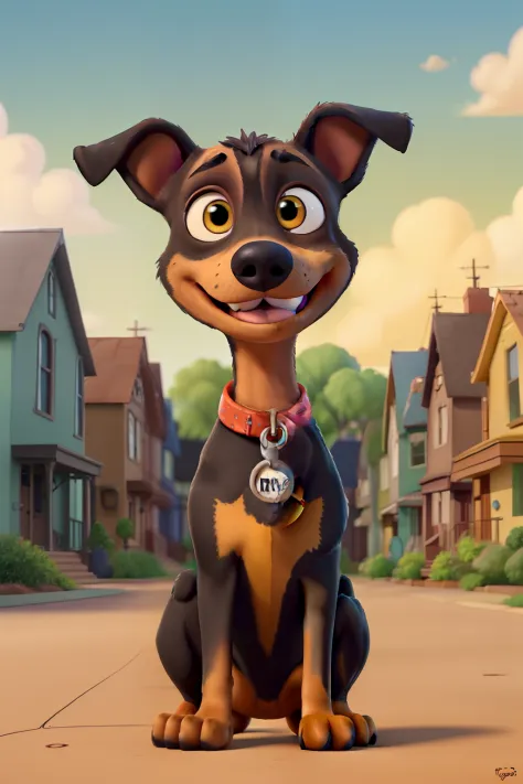 A Pixar-style poster with a black Pinscher dog with brown spots on its paws and eyebrows, brown eyes, with a yellow collar around its neck, on a street with houses.