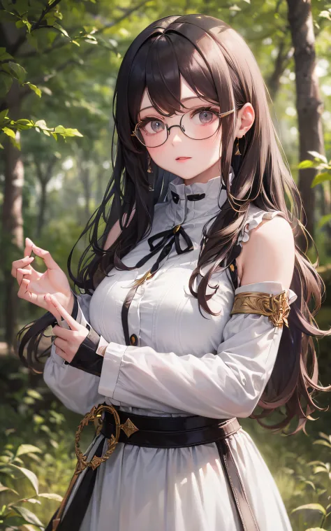 Top Quality, 8K, 4K, High Definition, Details Beautiful round glasses girl, dark-haired girl, light clothes, sunlight through th...