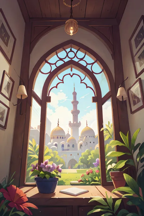 illustration of flower, near the window, mosque outside the window