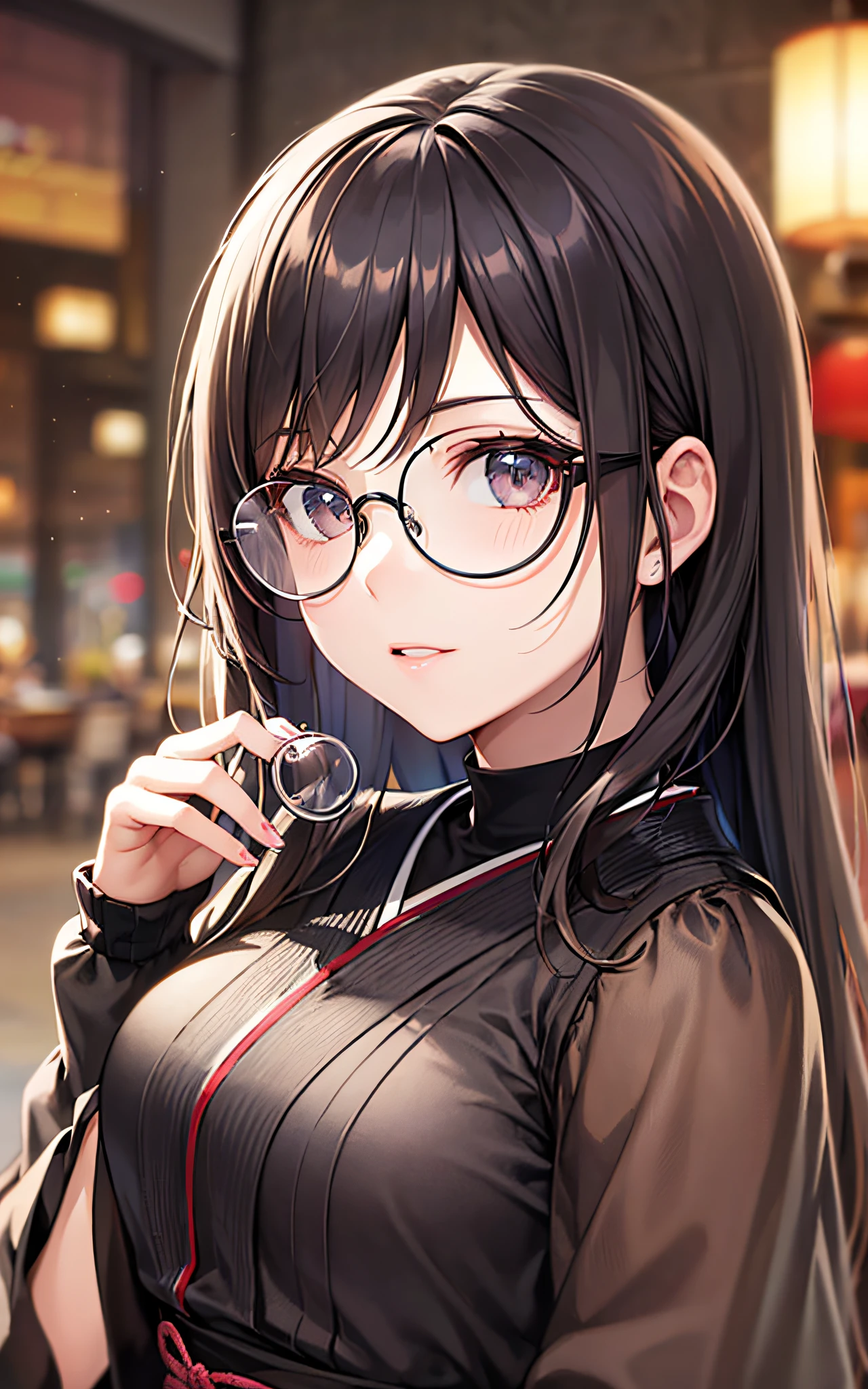 Top Quality, 8K, 4K, High Definition, Details Beautiful round glasses girl, dark hair girl, Japan style everyday clothes, hotel lounge, upper body shown,