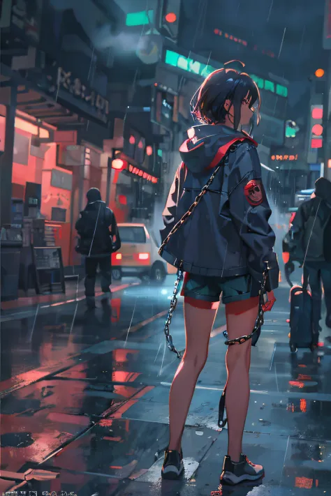 1girl, jacket, rain, outdoor, hoodie, open jacket, chain, backpack, looking at another, messy hair, trending on artstation, 8k resolution, highly detailed, anatomically correct, sharp image, digital painting, concept art, trending on pixiv, style of makoto...