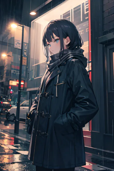 (1girl in), nighttime scene, rainy scene, scarf, Large coat, drizzle rain, streetview, hands on pockets, Sense of lines, high definition detail, Sense of atmosphere, cool tones.