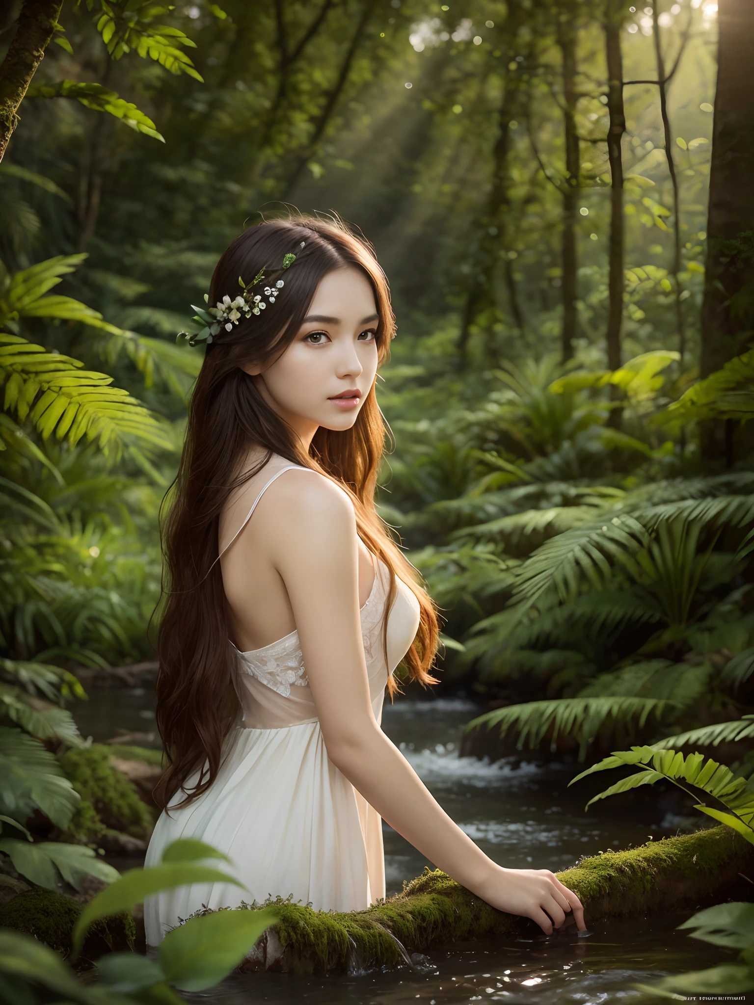 (Raw photo:1.2), (Photorealistic), Beautiful detailed girl, Very detailed eyes and face, Beautiful detailed eyes, Huge file size, High resolution, Very detailed, Best Quality, [masutepiece:1.6], Illustration, Very detailed, Fine detail, Best Quality, 8K Wallpaper, Movie Lighting,Beautiful 15 year old beautiful female forest spirit, Forest bathing, Wrapped in greenery, The embodiment of natural beauty, Gentle forest spirits bathed in the sunshine, Ancient trees with blooming flowers々, Beautiful face, The gentle melody of a babbling stream, Symphony of Bird Delight, Quiet forest glade, Harmony with nature, Graceful and seductive., Spirits of the Ethereal Forest, Harmony with nature, Decorated with flowers and leaves, Graceful and powerful, Bohemian essence, forest guardian, mysterious allure