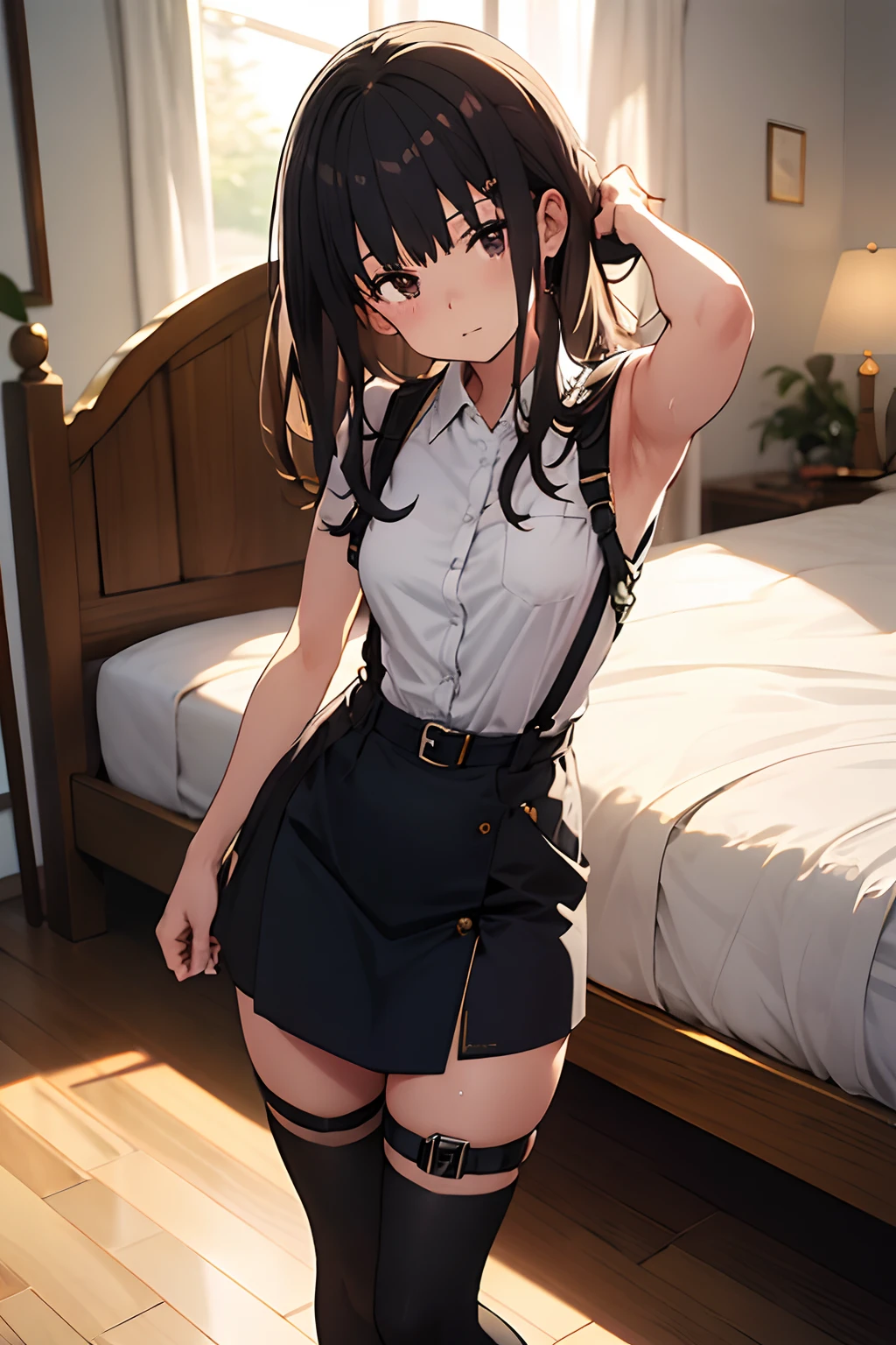 ​masterpiece、flat-colors、depth of fields、lens flare 1 girl、、Brown hair、watching at viewers　　　black suspenders　　　Bulging big breasts　　　 　 Armpit sweat　perspiring　Side of both hands　　walls: 　Black miniskirt　garters　　　　　　Gaze　　　Small face　bangss 　flank　　　　holster　　Belt Armament　Beautuful Women　srestrained　Hands behind your back　On the bed　Sleep in a leg holster bed　Pants in the gap　２０hindquarters　suits