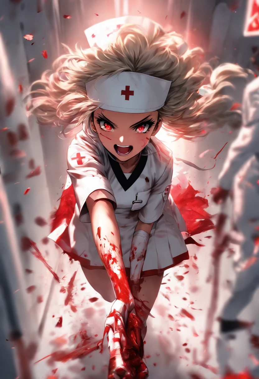 masterpiece, highest quality, highest detail, 1 girl, BREAK, horror, (Small injured girl, blood, bleeding, injury), Shining white hair, jewel-like red eyes, anime highlight eyes, (Nurse uniform: 1.4), (White tight miniskirt: 1.2), White pantyhose, scarred clothes, dirty clothes, bloodstained clothes, scarred skin, battle damage, bandaged arms, bandaged legs, (Yandere:1.2), BREAK, The background is a modern hospital, a collapsed hospital, BREAK, full body, movie lighting, action movie poster, dynamic, beautiful girl action actor, motion blur, depth of field, 35mm, Sony FE, 1girl,