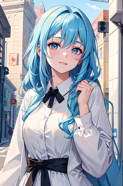( Extremely detailed Cg Unity 8K wallpaper), Pastel,  cel shading, school uniform, jewelry eyes, odd eyes, Blush, Fake smile, Seductive smile, a portrait of girl, cute female child, cute  face, granblue fantasy, In the street, Blue hair,  Lots of clothes, ...