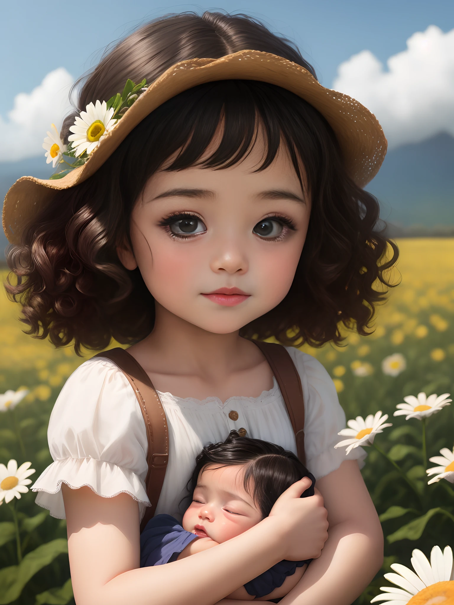 Little  baby girl with curly black hair, with daisy flowers in Mauritius and in leonardo de Vinci oil style 4k