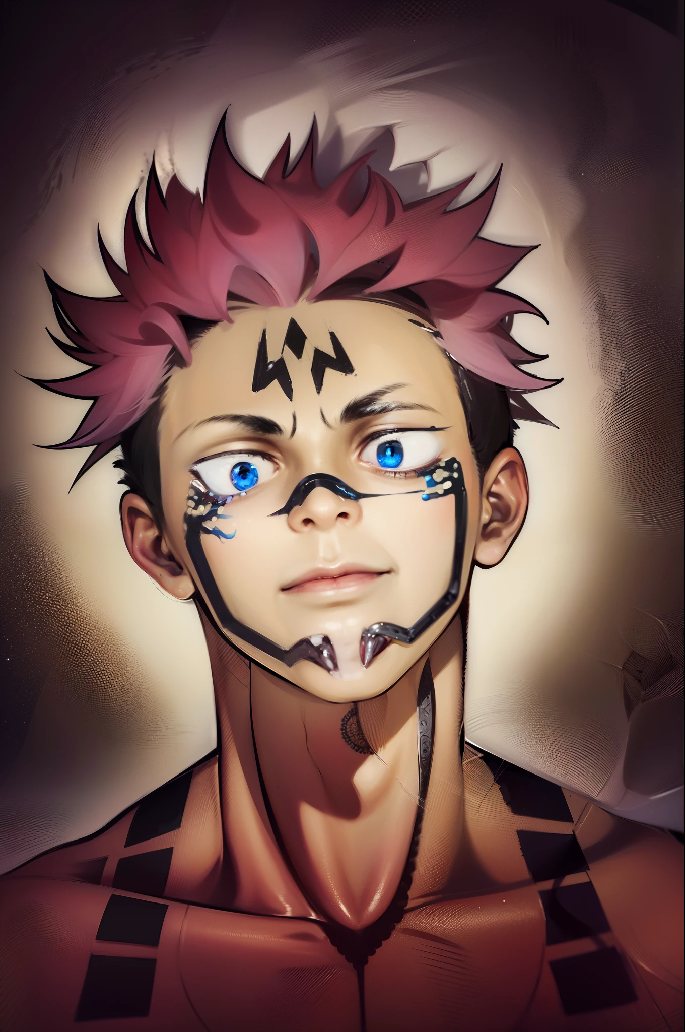 Anime guy with pink hair and blue eyes with a black and white face - SeaArt  AI