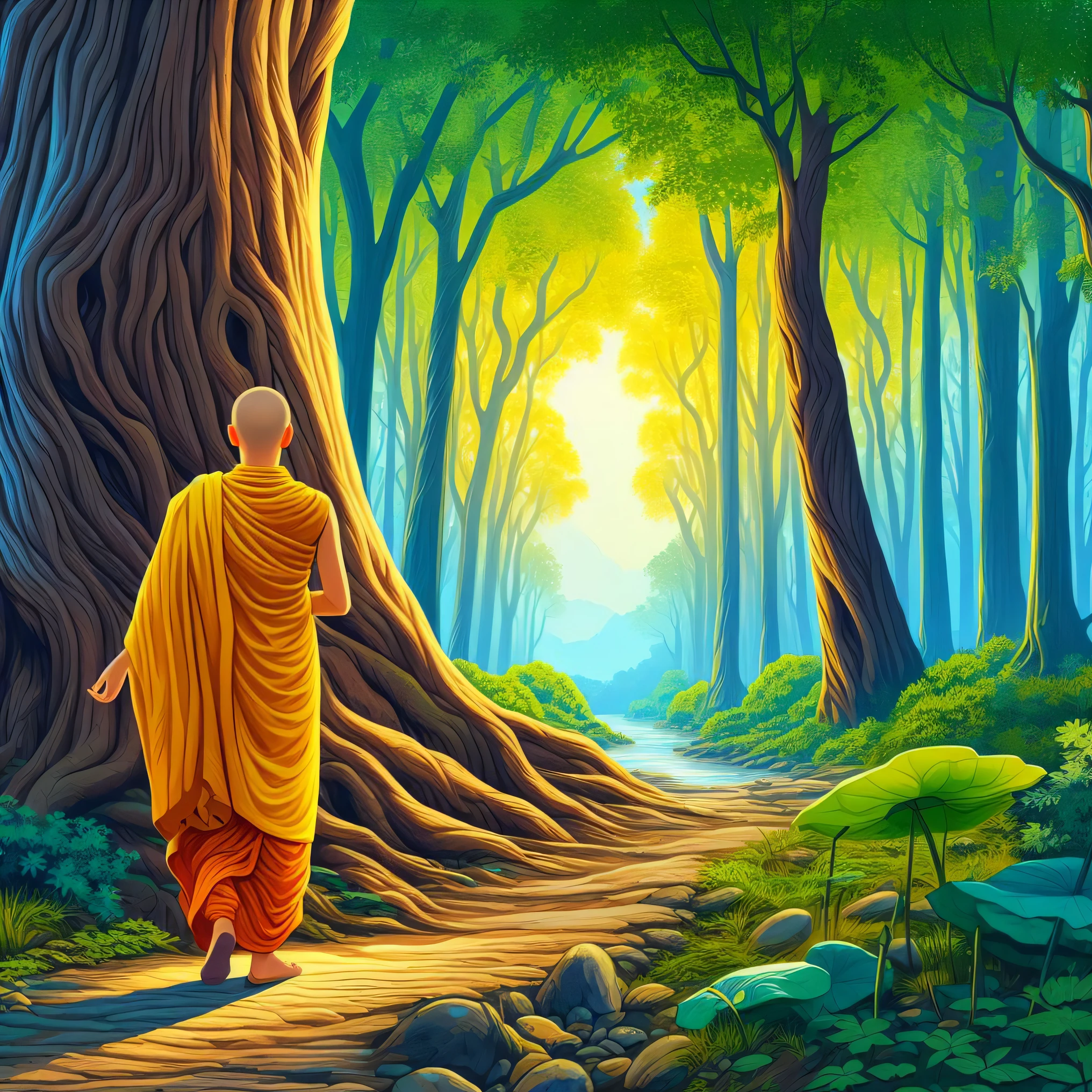 a man in a yellow robe walking down a path through a forest, on path to enlightenment, on the path to enlightenment, buddhist monk, buddhist monk meditating, monk meditate, buddhism, beautiful ancient forest, an ancient path, the bodhi tree at sunset, peaceful lushious forest, on forest path, buddhist, inspired by Yerkaland, spiritual enlightenment