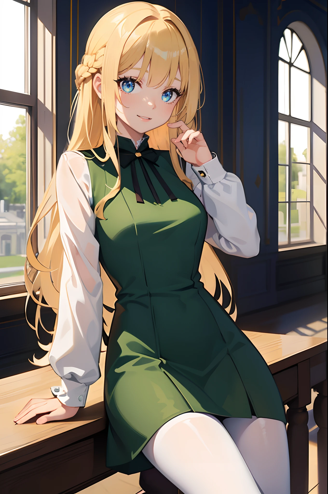 masterpiece,best quality, solo, 1 girl, female figure, yellwo hair, hime cut, blunt bangs, extra long hair, crystal blue eyes, sharp detailed eyes, white pantyhose, long sleeves,  dark green griffin style dress, thight dress, short green dress, golden details, hallway window, elegant, good details, golden blonde hair, smile, green dress, cowboy shot, sitting crossed legs, voluminous hair, wavy hair, good lightning, black boots, braided hair half-up, cute girl