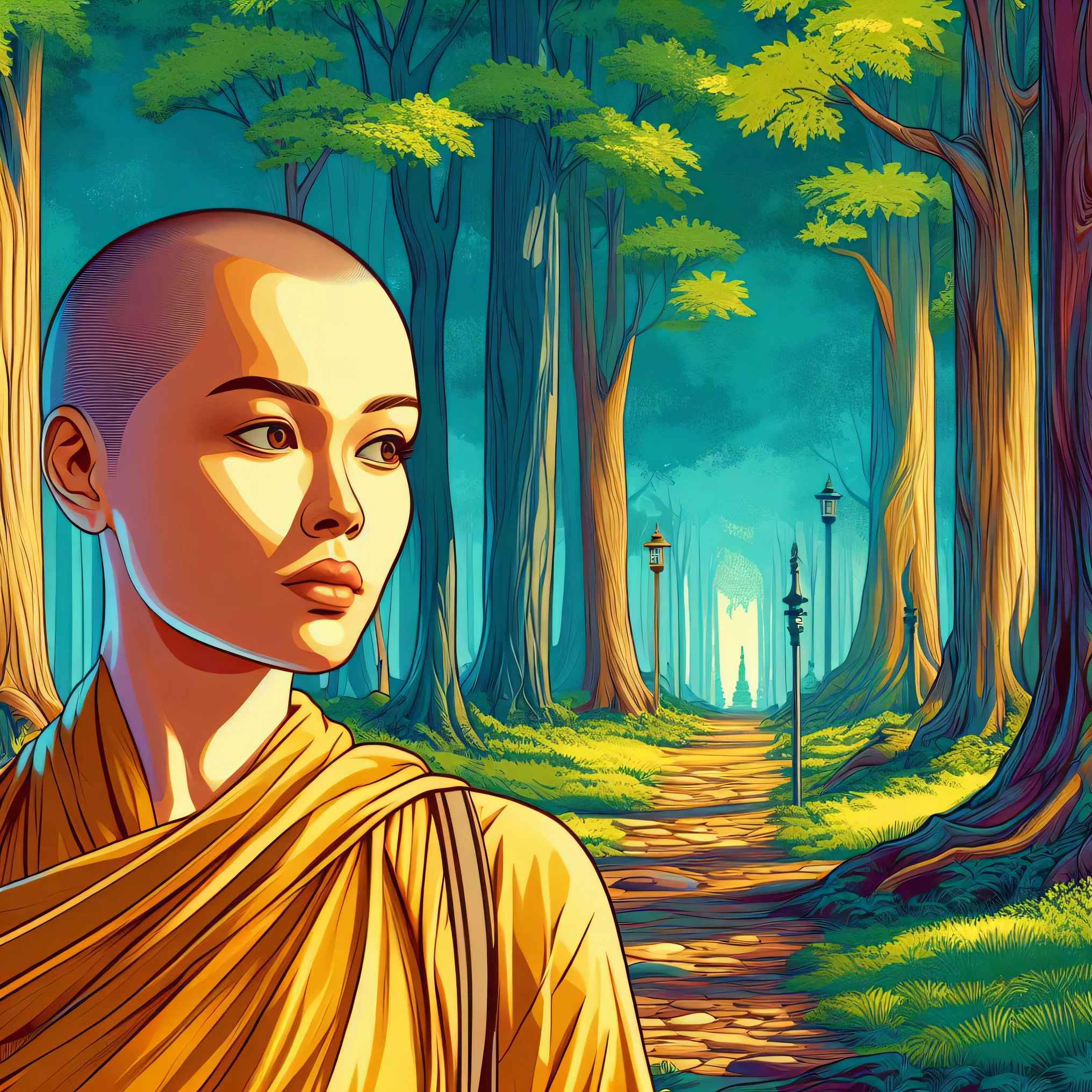 a close up of a person in a yellow robe in a forest, on path to enlightenment, on the path to enlightenment, a beautiful artwork illustration, beautiful avatar pictures, inspired by Cyril Rolando, martin ansin artwork portrait, monk meditate, cyril rolando and goro fujita, kilian eng vibrant colors, in style of cyril rolando, full color digital illustration