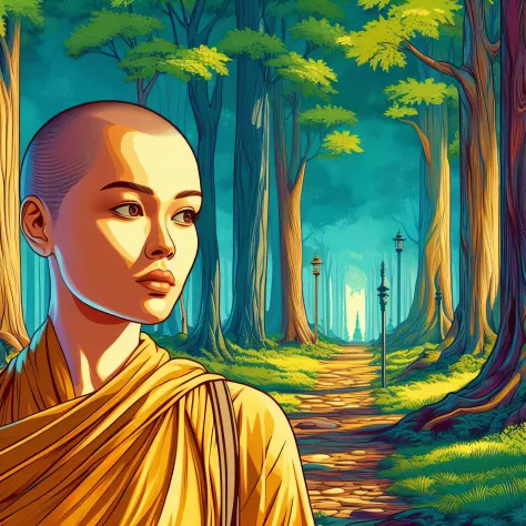 a close up of a person in a yellow robe in a forest, on path to enlightenment, on the path to enlightenment, a beautiful artwork...