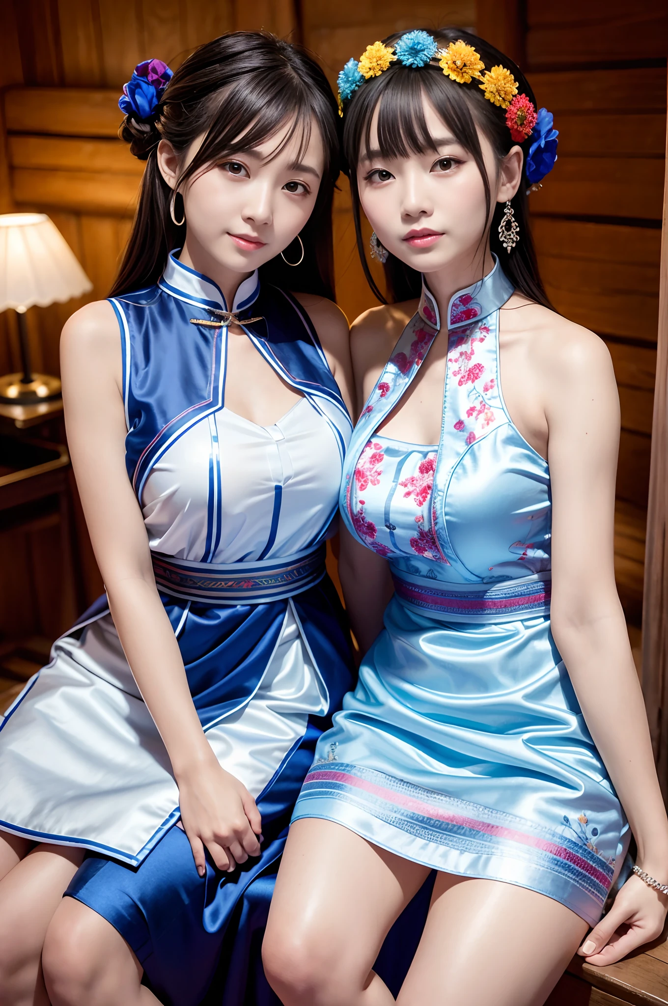 （8K分辨率，Vista full body photo），（closeup portrait of two women,sitting together,Detailed Face, front view, Look at the camera,duo,stroking,leering:1.4,20yr old,delicate face，详细的脸，Redlip，Fair smooth skin，（Classic Hmong costume：1.4，（Satin fabric with flowers，The cuffs are multi-colored horizontal strips，Cardigans，Short waist long version），Silver products，Silver necklace，silver hair clip，hair-bun），（pleatedskirt，（Hmong embroidery、batik）），耳Nipple Ring，bangle，Tall and tall，Posture of conversation，perfect hand，Ultra-fine clothing material），（Traditional Xijiang Miao village，Festive party night background in cottage，Exquisite environmental details），（exhilarated，confident smile，Rejoice），（profesional lighting，动态照明），（（The colors are more balanced，（black in color，blue colors，red colour））），（Golden section，Cinema lenses，Hasselblad photograp，tmasterpiece：1.3），（Miaozhai idol，Focus on the field，trendsetting，Folklore artist，Art platform）