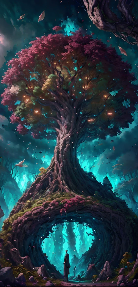 There's a tree that's in the middle of a painting, fantasy tree, magic tree, magic tree, fantasy magical vegetation, large magical trees, magical forest backround, a still of an ethereal, Treant, fundo de fantasia forrest, fantasy painterly style, Yggdrasil, spirit of the forest dwells, Ori e a vontade dos wisps Yggdrasil: Create an image of a colossal tree, with branches stretching across the Multiverse. The tree should be made of a shiny, shiny material, such as gold or silver. Its leaves should be green and lush, and its roots should be deep and complex. The tree must be located in an empty, infinite space. The background should be dark and starless so that the tree is the main focus of the image. The image must be realistic and detailed. The tree's branches should be thin and flexible, and the leaves should be small and delicate. The roots of the tree must be long and twisted, and must extend throughout the space. The image should be inspiring and majestic. She must represent the strength, beauty and power of the Multiverse.