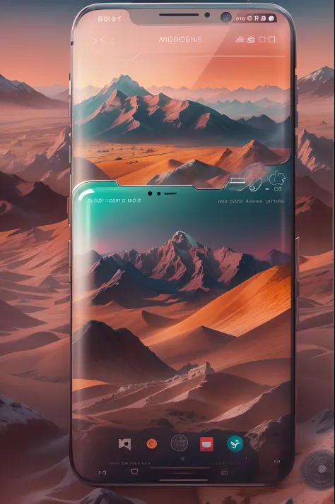 Mobile advertising,The phone is centered,Highlight the details and texture of your phone.Mountains at sunset, Futuristic city in the desert as background,Realistic+High intricate details, Colorful
