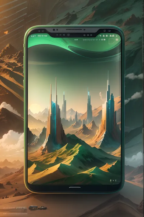 Green desktop,Mobile advertising,The phone is centered.Mountains at sunset, Futuristic city in the desert as background, low clouds cover the mountain, Realistic+High intricate details, Colorful