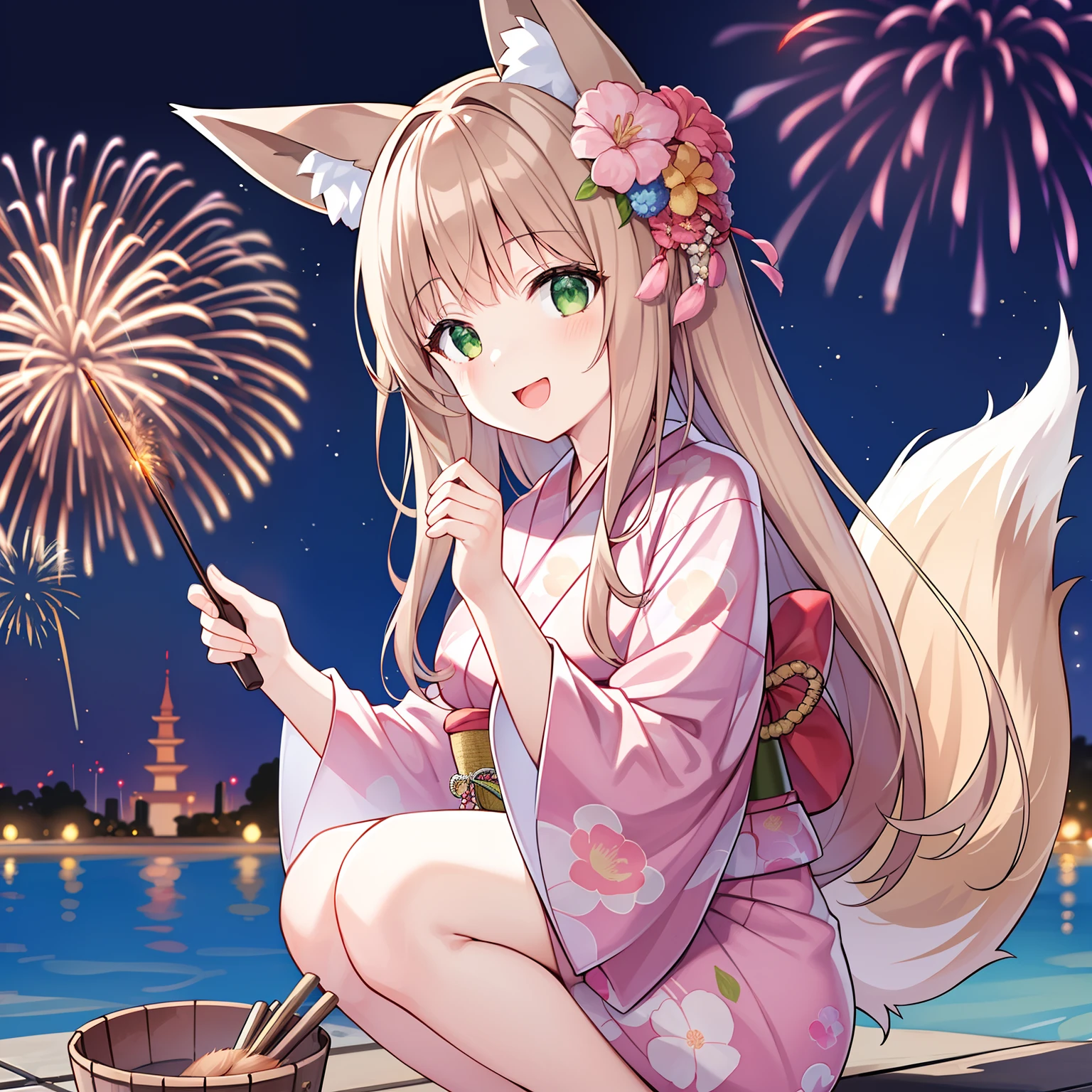 tmasterpiece，best qualtiy，A high resolution，1girll, Solo, (8K wallpaper), (Long brown hair)，(Huge fox tail:1.2)，Green eyes，Small flower headdress，16-year-old girl_C cup，Modern architecture，On the side of the river embankment，Wearing a pink yukata，Squat down and play with fireworks，Holding a fairy stick with fireworks_There is a bucket of water underneath the fireworks，Watch as the flickering sparks of the fireworks fall from the fireworks into the bucket，The girl looked at the brilliant fireworks_Smile cutely，The perspective is from top to bottom，