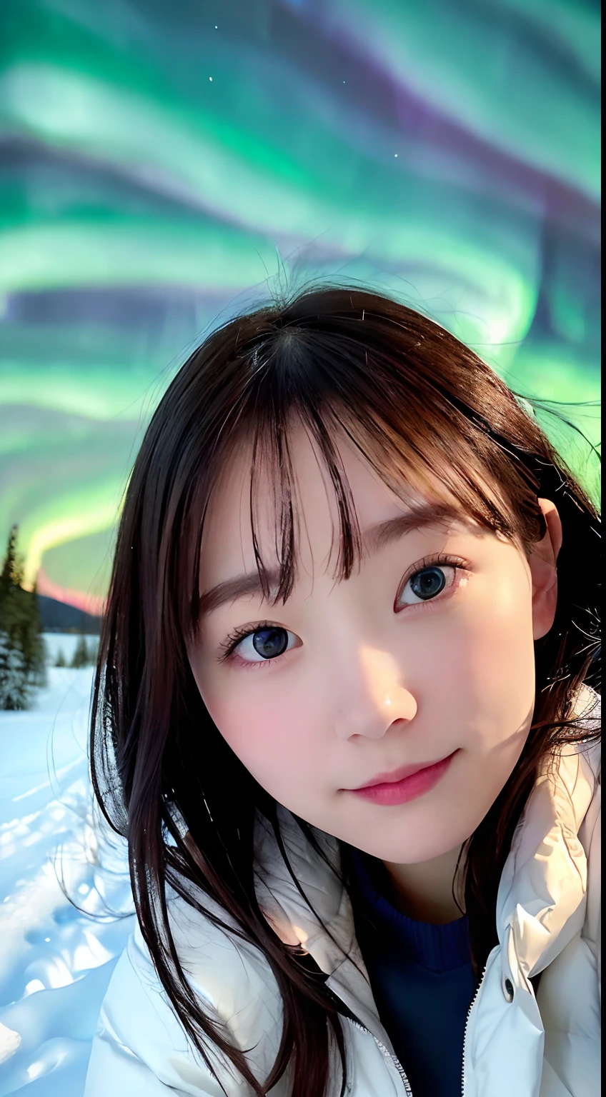 beautiful, masterpiece, best quality, extremely detailed face, perfect lighting, (absurdres), (ultra detailed, 8K, ultra highres:1.2), in the forest, 1girl, solo, ((looking up to sky, face up, watching dark sky)), long dark brown hair, wearing white winter jacket, open mouth, amazed, surprised, (glad), (happy), (face focus), (above shoulder), (from just in front), snow outside, frost-covered trees, rime, no building, ((nothing around girl, just sky)), in the nature, detailed background, in Hokkaido, ((dark at night)), amazing beautiful aurora in the sky, (((aurora, Northern lights))),