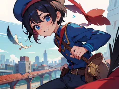 grinning evily，Black hair and blue eyes，Western，Boy student，short detailed hair，Shota，solo person，Wear a red and blue beret，（Fea...