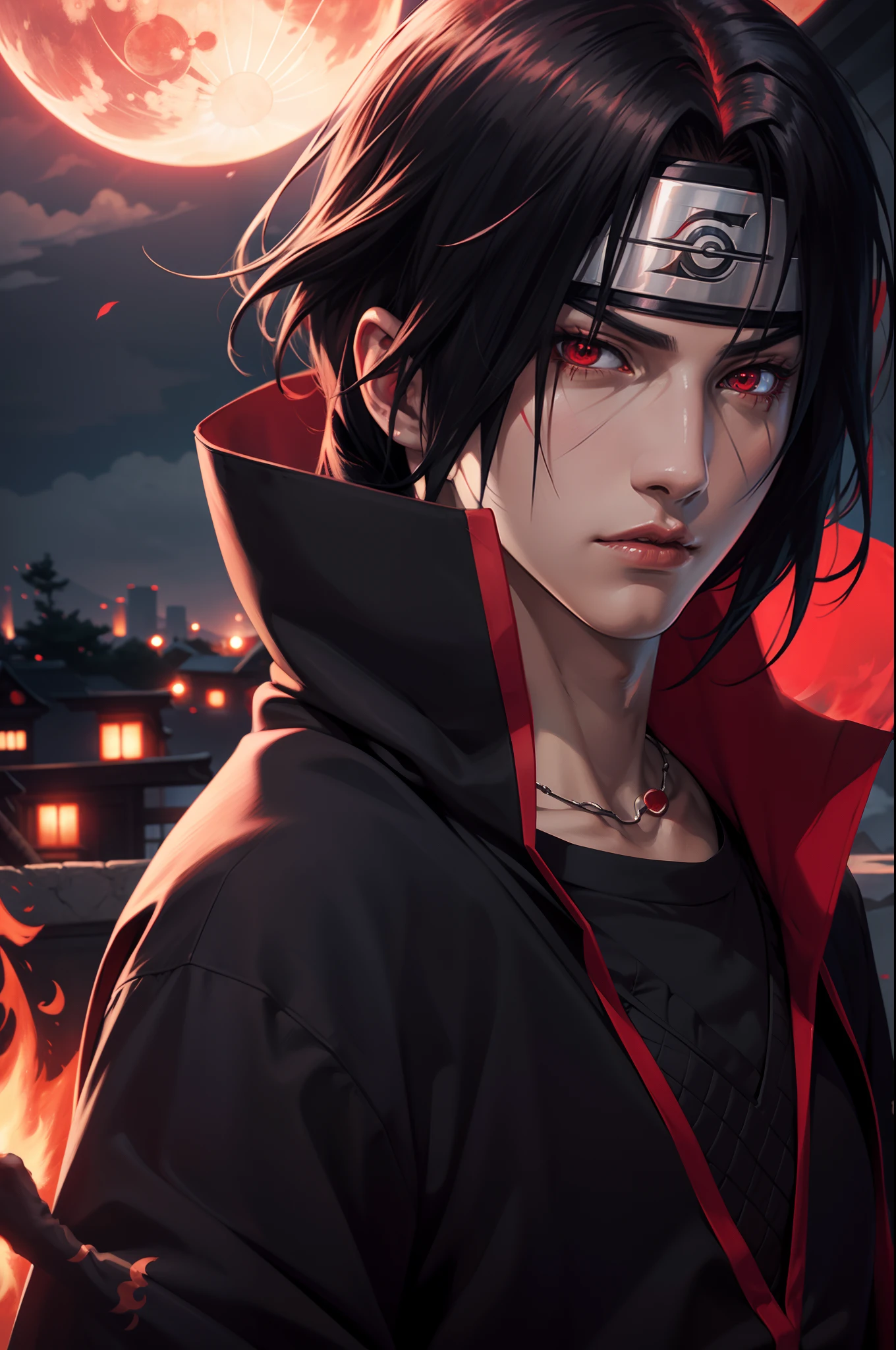 Masterpiece, high detailed, a young man covered in black cape with red cloud drawing or akatsuki robe from naruto, itachi uchiha, red eyes, upper body, shinobi, Konoha headband, red moon in the background, red theme, from naruto, long hair, covered in red flame