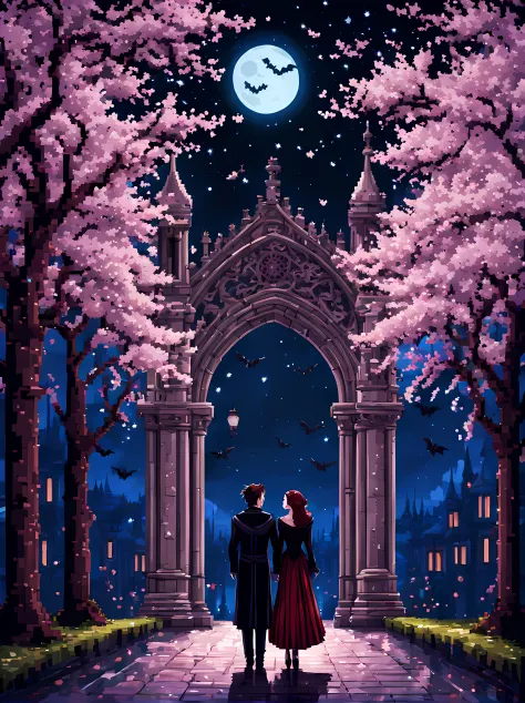 (symmetrical:1.6), ((view behind the elegant gothic arc)), (pixel art:1.3), (close up shot:1.3), (noble vampire love couple on a...