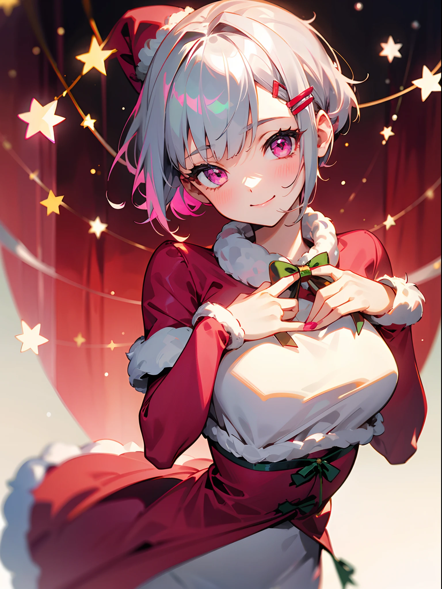 1girl in、Short hair with silver bob styled in a bun with hair clip, Pink eyes、small tits、A smile、Laugh、Christmas、Dressed in Santa Claus costume、Colors based on red and green