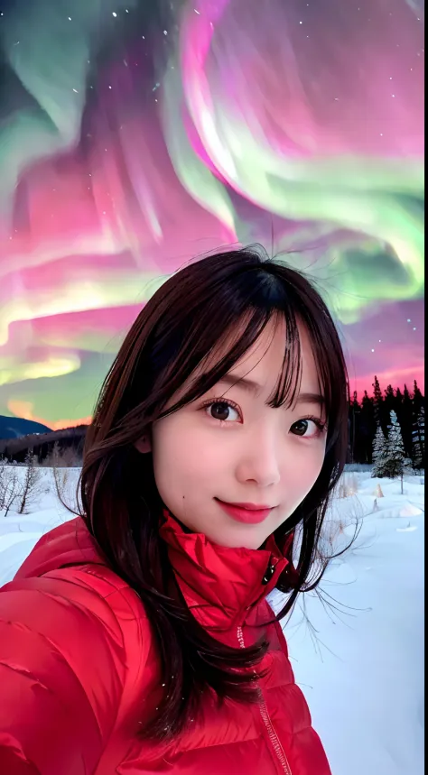 beautiful, masterpiece, best quality, extremely detailed face, perfect lighting, (absurdres), (ultra detailed, 8K, ultra highres:1.2), in the forest, 1girl, solo, ((looking up to sky, face up, watching dark sky)), long dark brown hair, wearing white winter...
