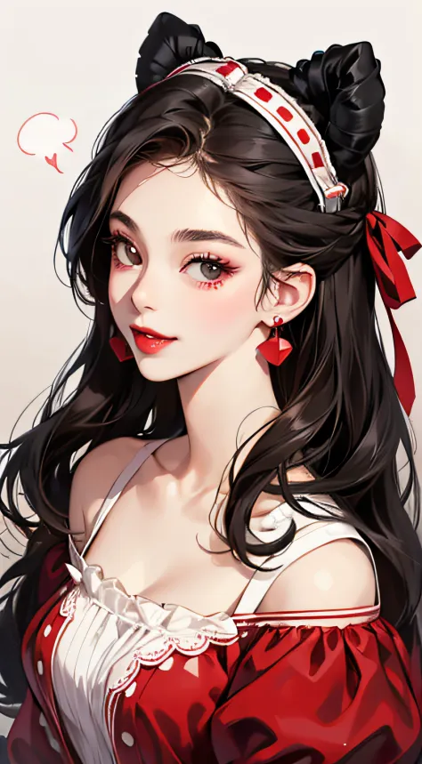 full bodyesbian、Beautiful woman in cute outfit、smil、Dark hair、red lipsticks、Black eyes、She wears a red ribbon with white polka dots on her head、The background is pop and cute.、Low exposure