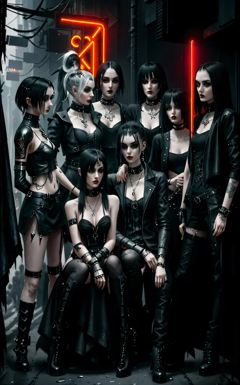 Arafed group of people dressed in black leather posing for a photo, chanel haired woman, chanel hairstyle, seductive gothic blac...