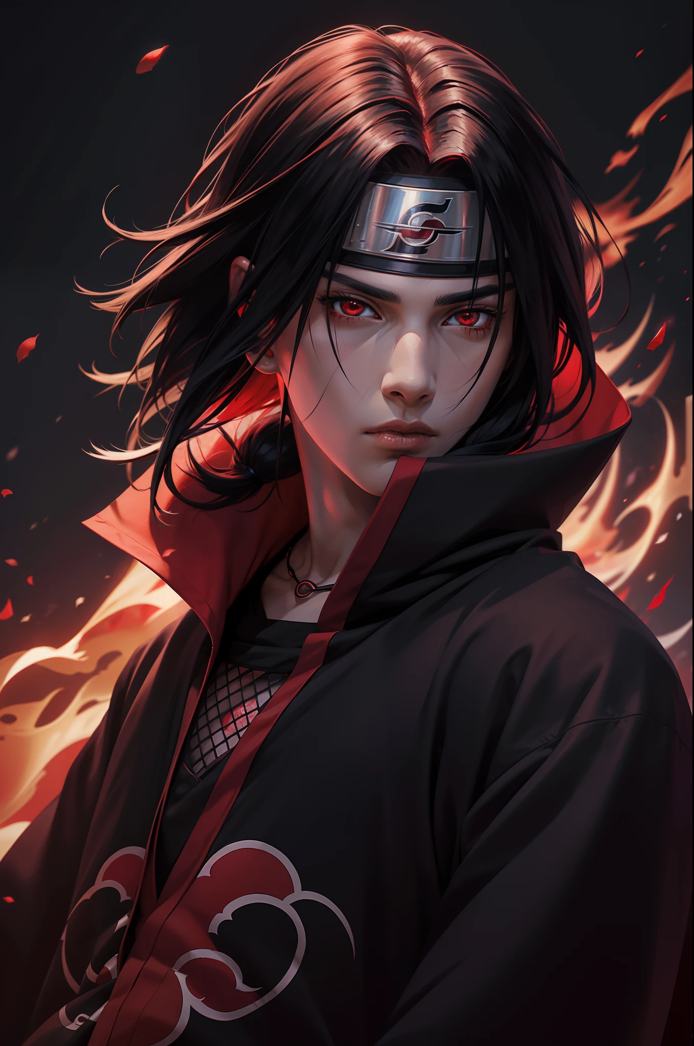 chef-d&#39;œuvre, très détaillé, a young man covered in black cape with red cloud drawing or akatsuki robe de Naruto, Itachi Uchiha, les yeux rouges, haut du corps, shinobi, Bandeau Konoha, lune rouge en arrière-plan, thème rouge, de Naruto, cheveux longs, recouvert d’une flamme rouge