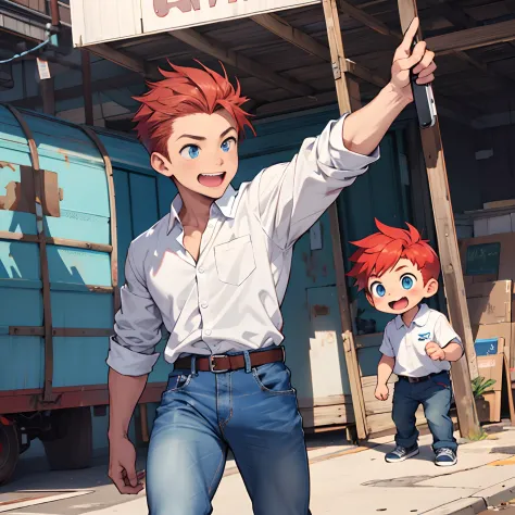 1boy, cute chibi child, redhead, blue eyes, binoculars, white shirt and blue jeans, excited