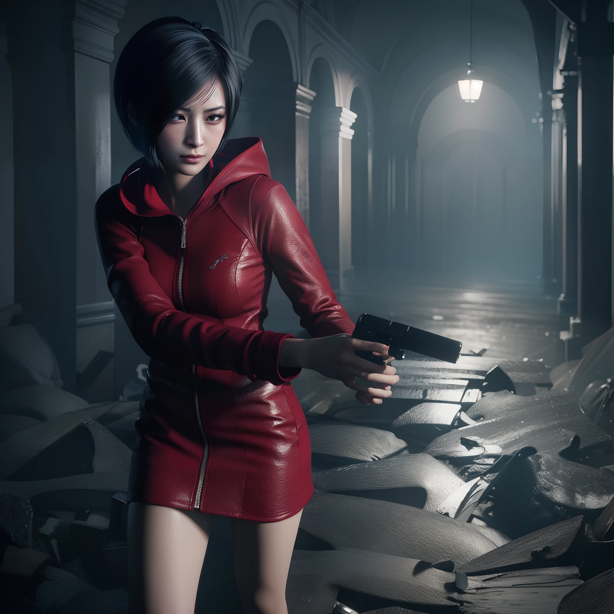 Ada wong, beautiful face, woman, bob hair, perfect Face, wearing mini red dress hoody, wearing hoody, black nail polish