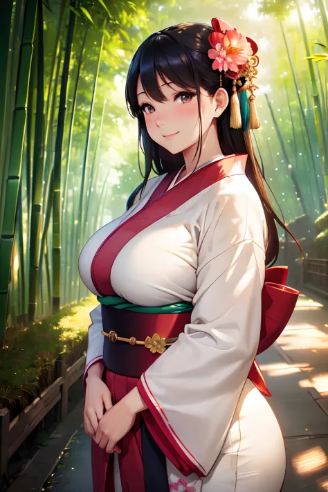 (High quality, High resolution, Fine details, Realistic), Bamboo grove path, Kimono, Woman looking up, solo, Curvy women, sparkl...