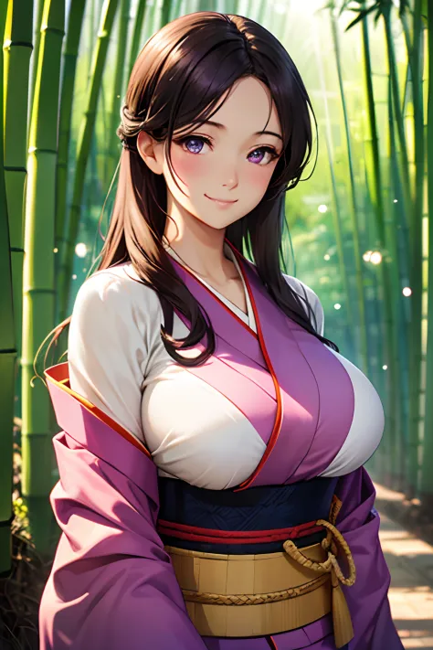 (High quality, High resolution, Fine details, Realistic), Bamboo grove path, Purple Kimono, (Avert eyes), solo, Curvy women, spa...