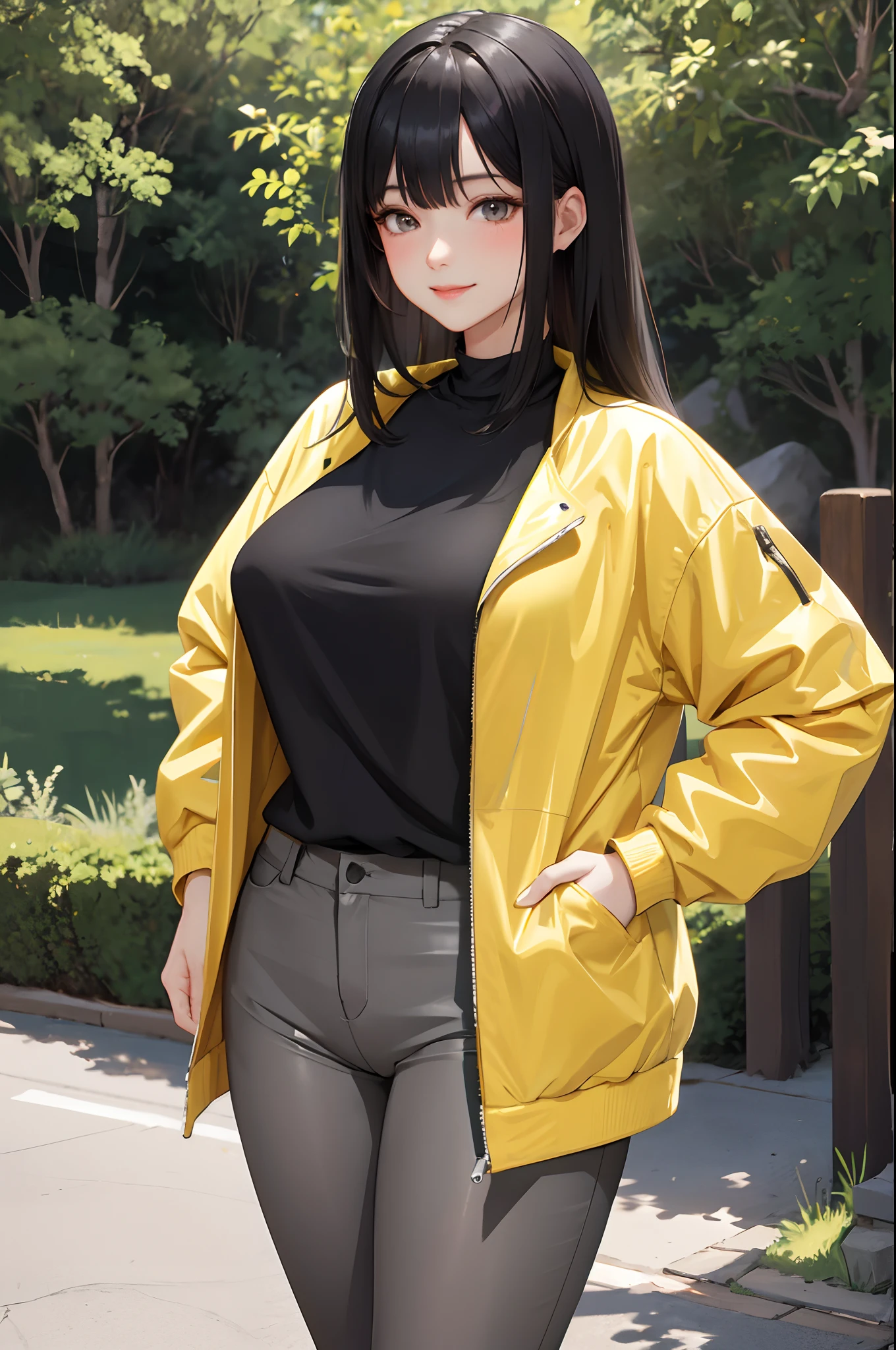 1lady standing, mature female, /(black hair/) bangs, blush kind smile, (masterpiece best quality:1.3) delicate illustration ultra-detailed, large breasts BREAK /(sporty nylon yellow jacket/) BREAK (grey short-pants) on black pantyhose BREAK /(mountain road outdoors/), detailed background