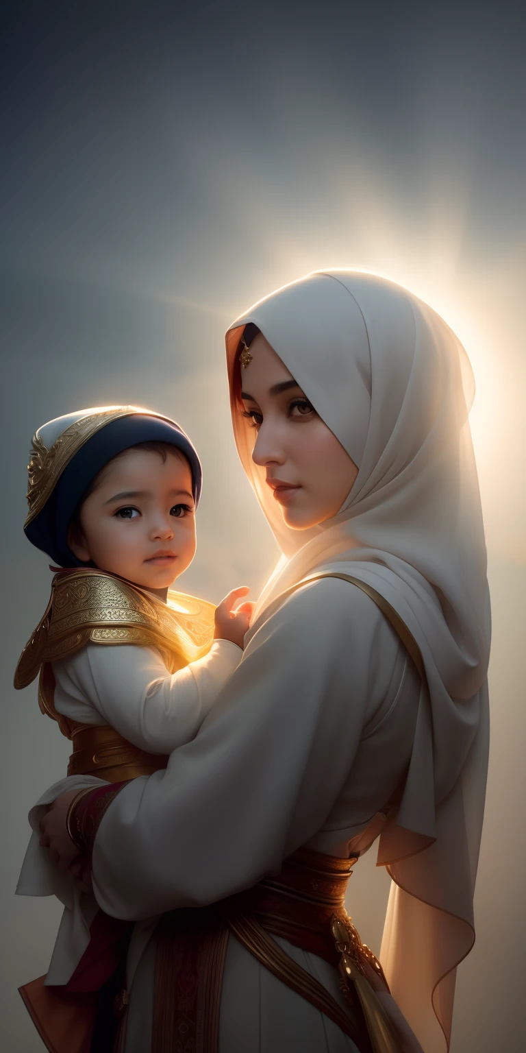 masterpiece, persian woman in hijab and child, holy virgin mary with little boy in her arms, ((halo over head)), smiling, heavenly sky, half body, ((divine light)), ethereal, clouds, back lighting, realistic portrait, symmetrical, strong, intricate drawing, highly detailed, digital painting, art station, concept art, fluid, sharp focus, illustration, against heaven's gate, cinematic lighting, works by artgerm and greg rutkowski and alphonse mucha