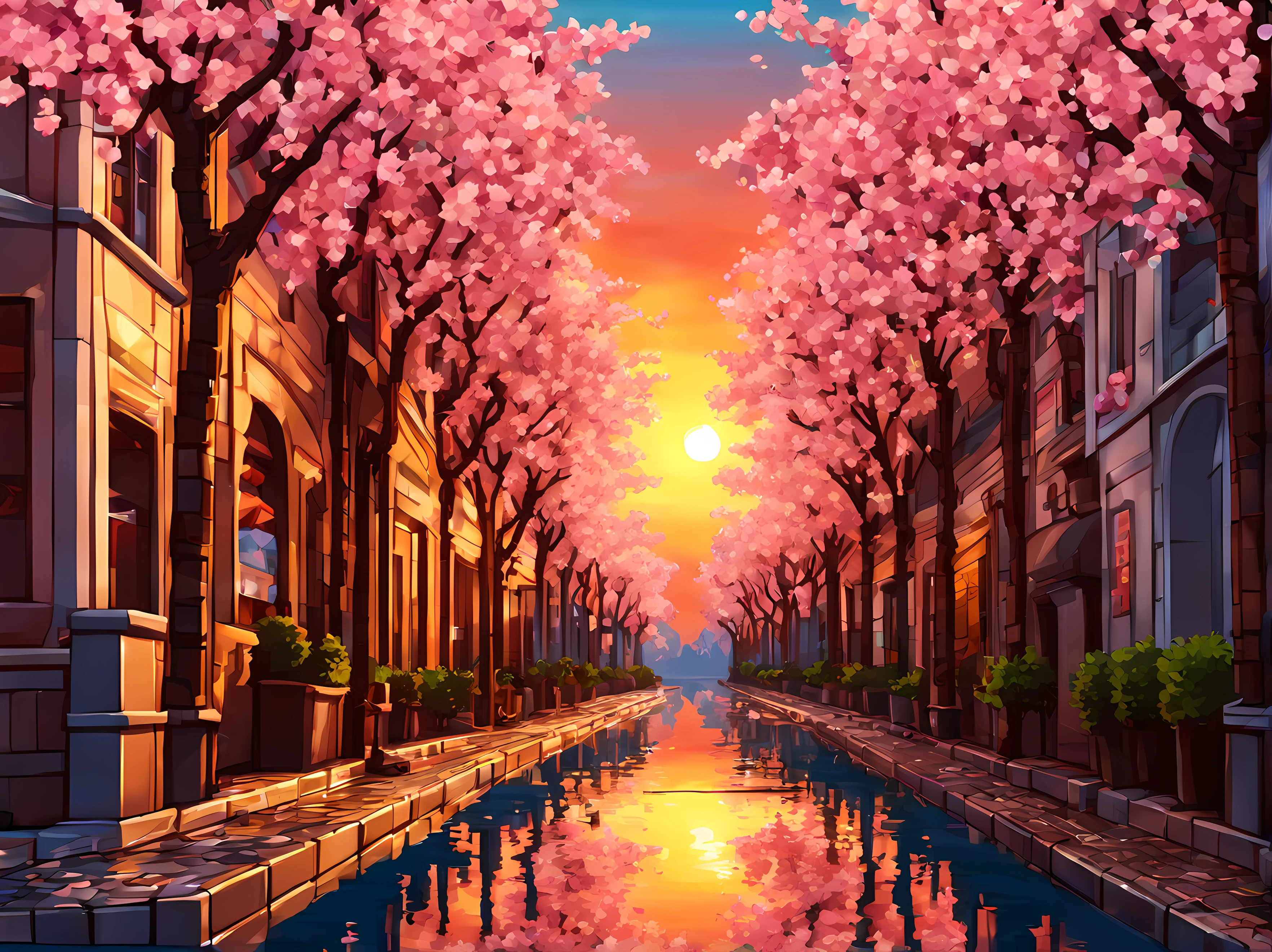 (symmetrical:1.6), (low angle shot:1.3), (pixel art:1.3), (long gothic street) with cherry blossom trees, elegant street, water splash, (sunset)