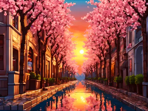 (symmetrical:1.6), (low angle shot:1.3), (pixel art:1.3), (long gothic street) with cherry blossom trees, elegant street, water ...