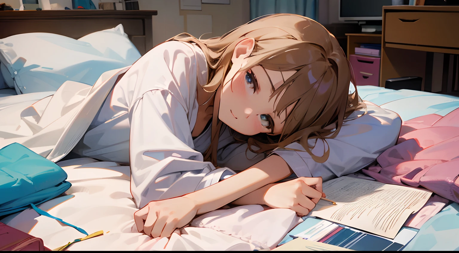 Chica anime acostada en la cama con libros y papeles en la mano. - SeaArt AI