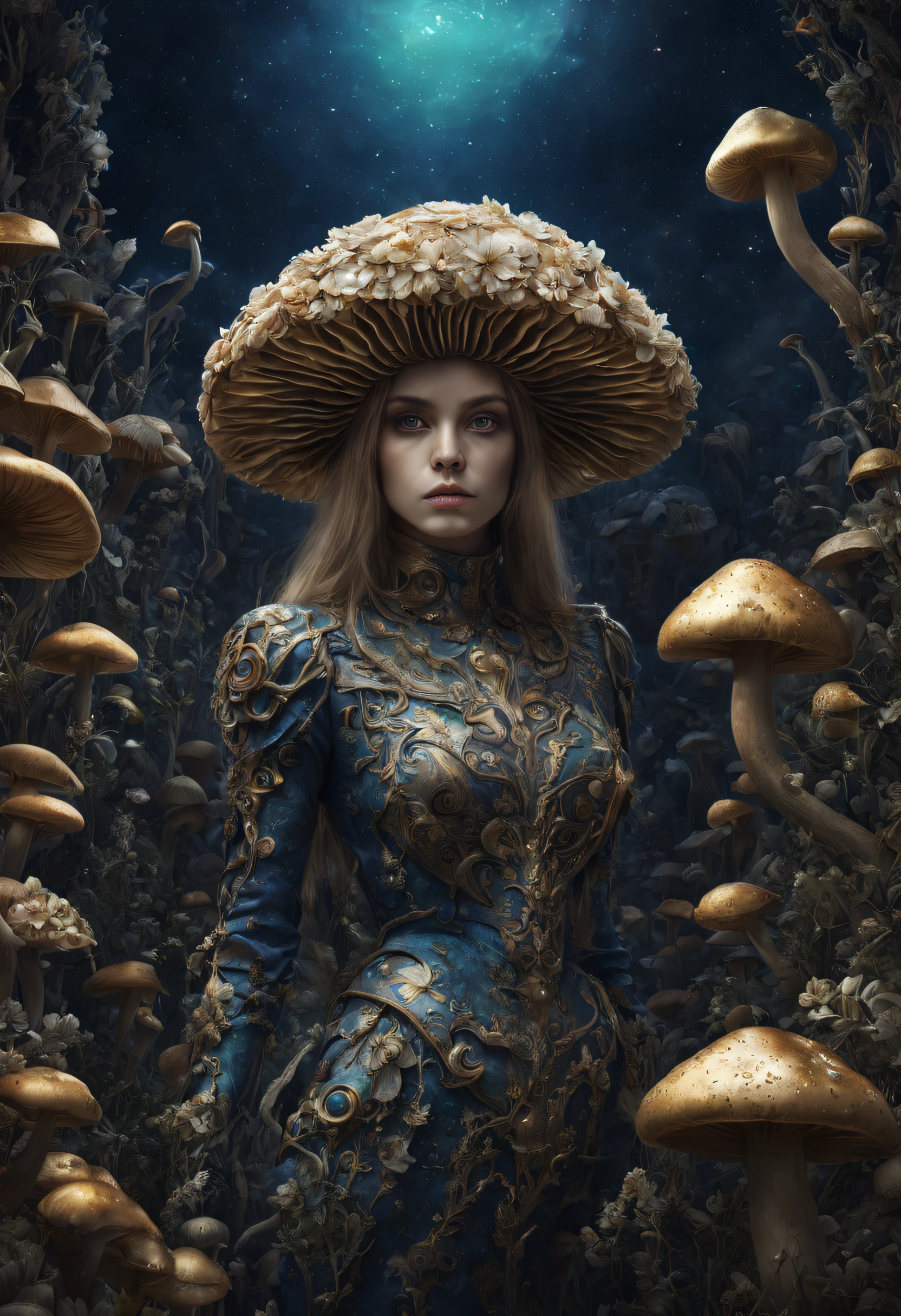 Alice au pays des champignons et des fleurs, tout le corps, photographie artistique ultra détaillée, yeux détaillés, aura de minuit, ciel de nuit, rêveur, embrasé, rétroéclairé, Charme, lueur, ombres, huile sur toile, Coups de pinceau, lisse, ultra haute définition, 16k, moteur irréel 5, mise au point ultra nette, art d&#39;Alberto Seveso, SF, complexe artwork masterpiece, sinistre, affiche du film matte painting, Nombre d&#39;or, complexe, épique, Giger et Beksinski, très détaillé, vibrant, rendu des personnages cinématographiques de production, modèle de très haute qualité