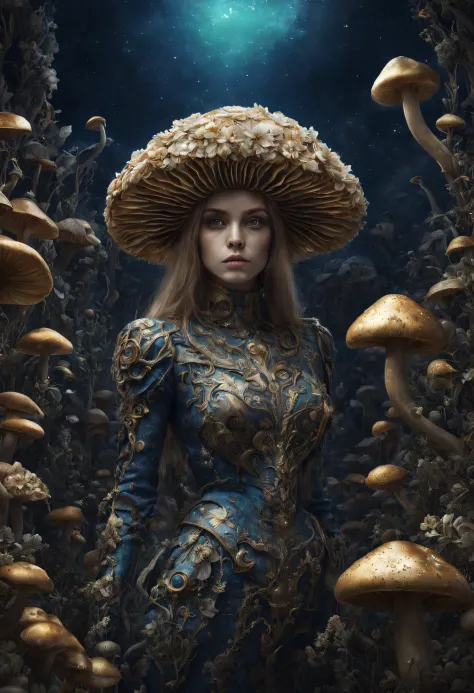 Alice in land of mushrooms and flowers, full body, ultra detailed artistic photography, detailed eyes, midnight aura, night sky,...
