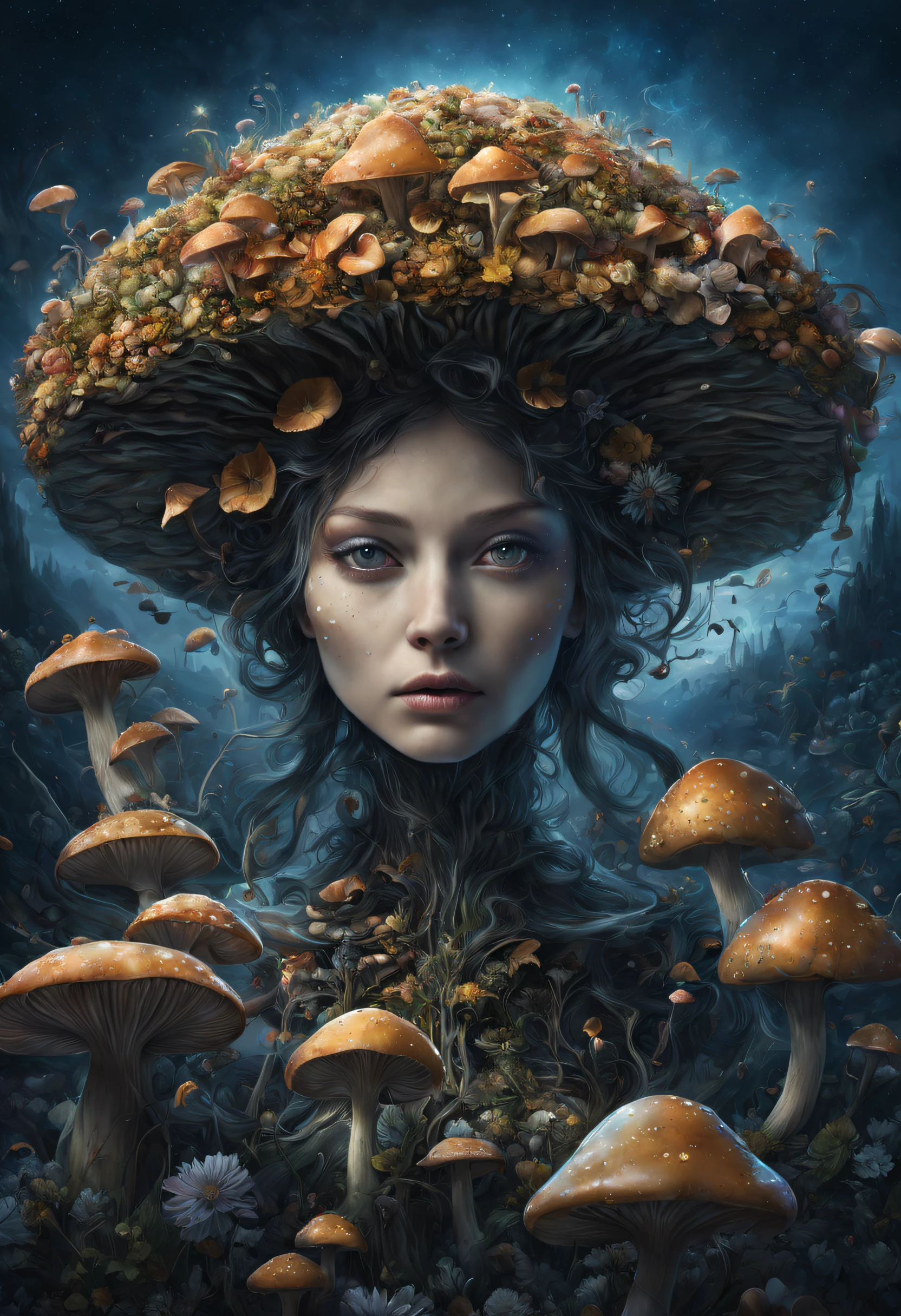 Alice au pays des champignons et des fleurs, tout le corps, photographie artistique ultra détaillée, yeux détaillés, aura de minuit, ciel de nuit, rêveur, embrasé, rétroéclairé, Charme, lueur, ombres, huile sur toile, Coups de pinceau, lisse, ultra haute définition, 16k, moteur irréel 5, mise au point ultra nette, art d&#39;Alberto Seveso, SF, complexe artwork masterpiece, sinistre, affiche du film matte painting, Nombre d&#39;or, complexe, épique, Giger et Beksinski, très détaillé, vibrant, rendu des personnages cinématographiques de production, modèle de très haute qualité