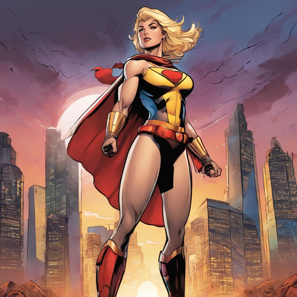 female Omni-Man from Invincible,muscular,short bob-cut blonde hair,(perfect eyes),(masterpiece:1.2),(heroic pose),(wearing cape),(detailed facial features), (sharp focus),vivid colors,studio lighting,(physically-based rendering),superhero,action-packed scene,city skyline in the background,flying in the air,debris and dust particles, (ultra-detailed),(realistic),(HDR),(extreme detail description),powerful expression,confident stance,devastation and destruction,sunlight shining through the clouds,dynamic composition, (highres,4k),intense energy emanating from the character